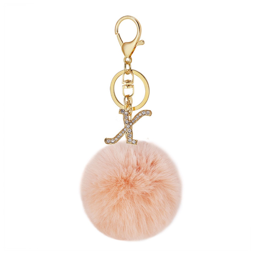 New 26 Letter Rhinestone Alloy Keychain Charm Girls Pink Pompom Key Ring Car Key Holder Women Bag Ornaments Accessories X
