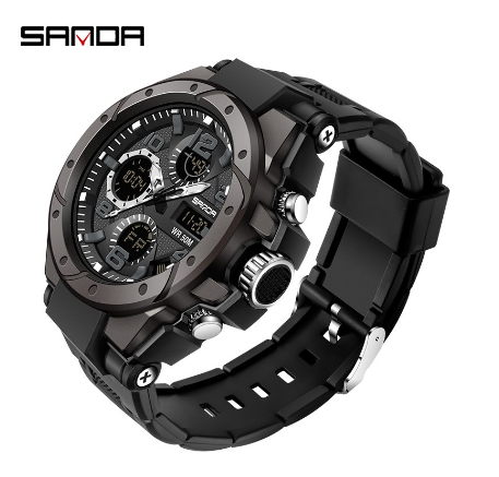 Sanda Waterproof Movement Men Watches Multifunctional Sports Luxury Quartz Men Night Light Swimming LED Men's Watch BLACK