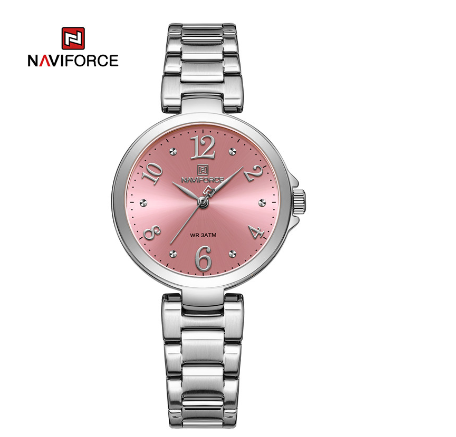 Naviforce Ladies Top Brand Fashion Quartz Stainless Steel Waterproof Analog Date Clock SILVER PINK
