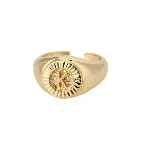 Maxzone Vintage Initial Letter Signet Rings For Women Stainless Steel Ring Round Opening Gold Letter Ring Aesthetic Wedding Jewelry Gift K