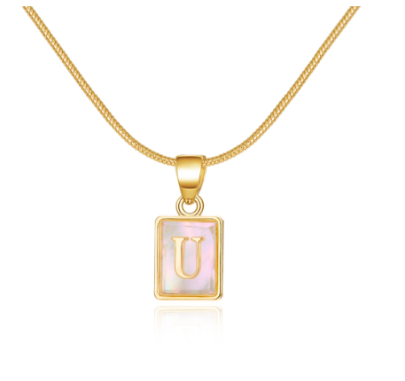 18K Gold 26 Letter Square Pearl Shell Pendant Snake Bone Chain Glow Necklace English Letter Pendant Necklace Gold Shiny U