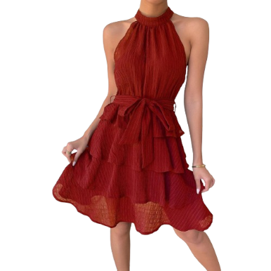 Lovito Women Casual Plain Double Layer Jacquard Belted Dress LNE27045 (Red)