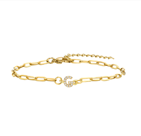 Vnox 18K Gold Zircon Initial Bracelet,Letter Charm Link Stainless Steel Flat Cross Bracelet G