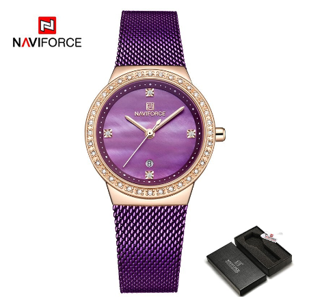 Naviforce Women Top Brand Luxury Stainless Steel Classic Bracelet Wristwatch PURPLE