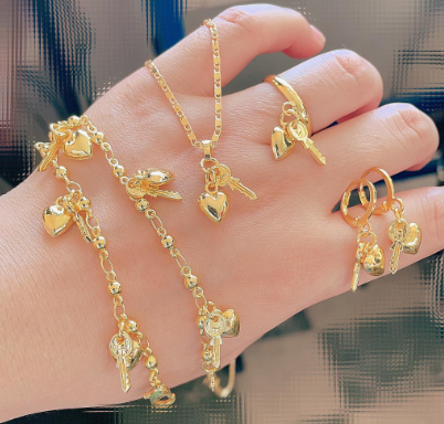 18k Bangkok gold 4in1 Set Earrings Necklace Bracelet Ring