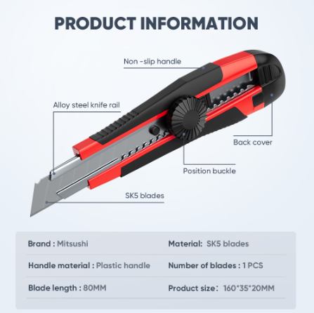 Mitsushi 16cm Utility Cutter Snap-Off Blade Knife Retractable Utility Knife Selft-Locking Design