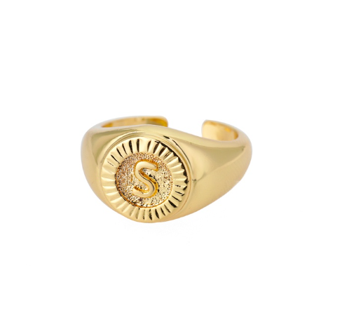 Maxzone Vintage Initial Letter Signet Rings For Women Stainless Steel Ring Round Opening Gold Letter Ring Aesthetic Wedding Jewelry Gift S