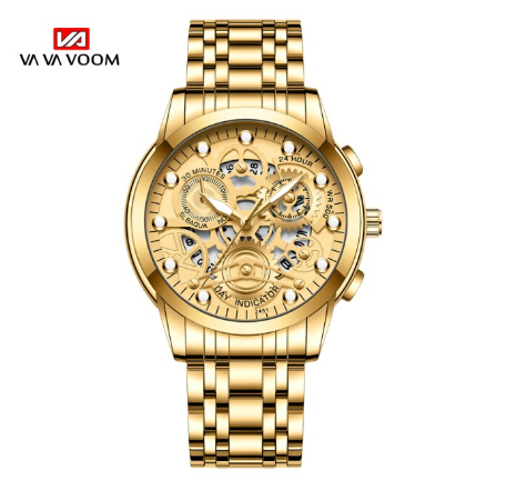 VA VA VOOM Original Watch for Men's Waterproof Stainless Steel Quartz Watches Fashion Business Date Wristwatch ALL GOLD