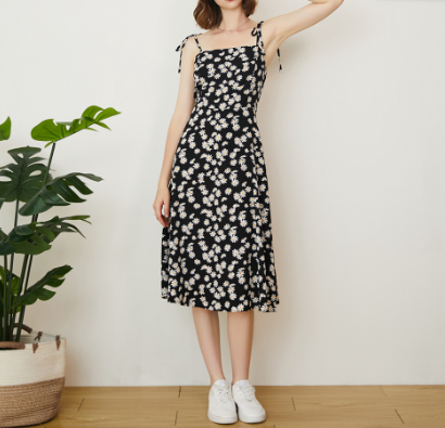 Casual Daisy Suspenders Small Flower Adjustable Shoulder Straps Dress (black)