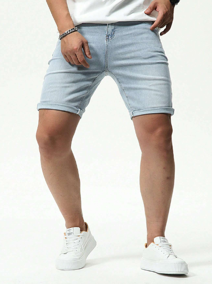 Manfinity Homme Men's Slim Fit Casual Denim Shorts Jorts Plain Light Blue Vacation Vintage Friends