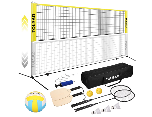 All-in-One Pickleball & Badminton Net Set, Portable Volleyball Net Set for Backyard, Outdoor Sports Game Set w/Volleyball Pickleball Paddles & Badminton Rackets