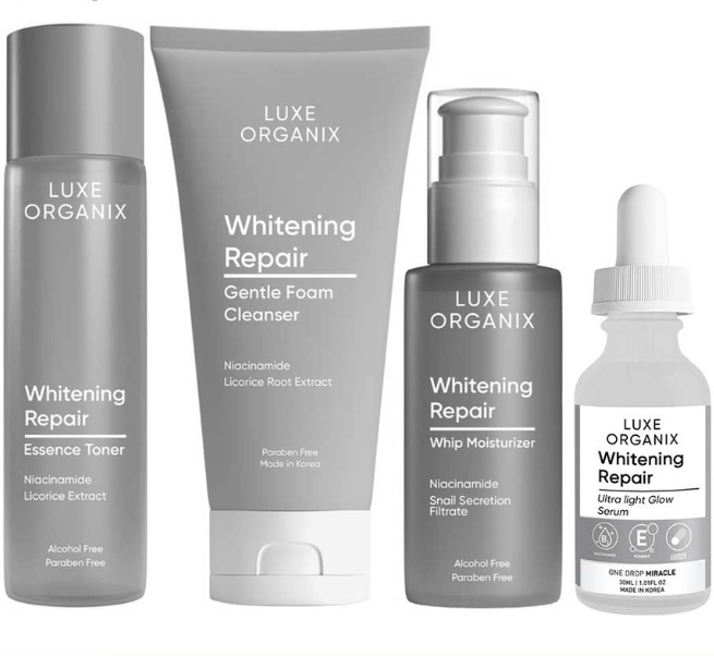 Luxe Organix Whitening Repair Toner 150mL, Cleanser 150mL, Moisturizer 80ml, & Serum 30ml Bundle