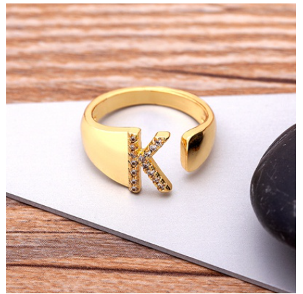 Fashion Chunky Wide Hollow A-Z Letter Gold Color Opening Ring Initials Name Alphabet Female Jewelry K