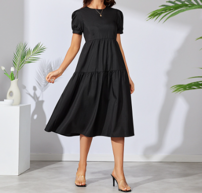 Casual Plain Zipper Puff Sleeve Ruffle Hem Dress (Black)