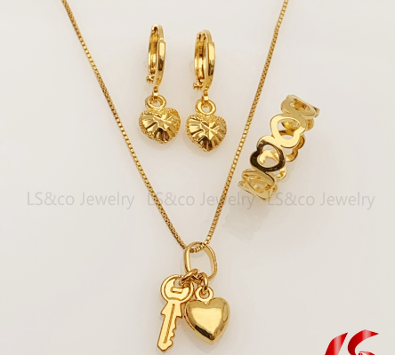 LS Jewelry 24K Bangkok Gold Necklace Earring Ring Heart Jewelry Set