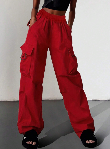 1pc Girls & Teenagers Loose Cargo Pants With Flap Pockets & Side Drawcord, Spring/Summer/Fall