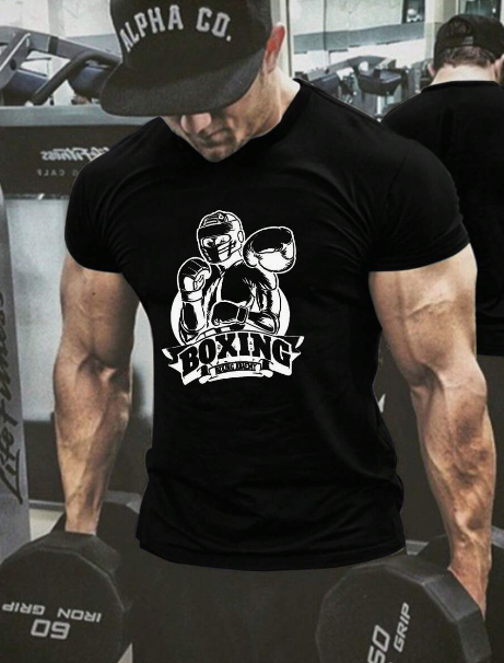 Men's Cartoon Letter Printed Short Sleeve Fitness Running Sports T-Shirt, Summer