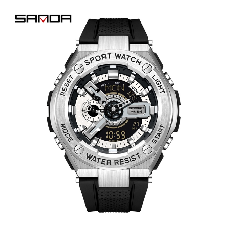 Sanda Popular Dual Display Quartz Electronic Fashion Luxury Anti Drop Sports Military Watch BLACK SILVER