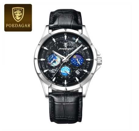 POEDAGAR chronograph watch for men waterproof original multifunctional genuine leather calendar luminous Watch SILVER BLACK
