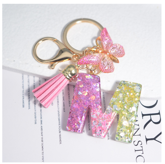 Glitter Sequin Filled 26 Letter Keychain With Tassel Exquisite Butterfly A-Z Alphabet Keyrings Women Bag Pendant Ornaments Gifts M