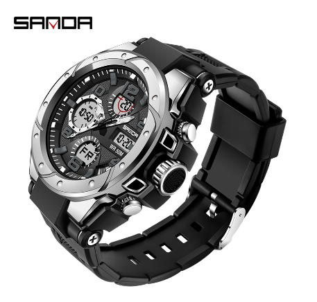 Sanda Waterproof Movement Men Watches Multifunctional Sports Luxury Quartz Men Night Light Swimming LED Men's Watch SILVER