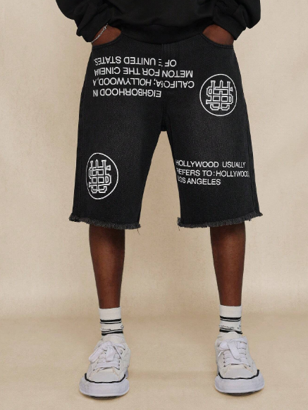 SUMWON Raw Edge Denim Bermuda Short With Text & Graphic Print