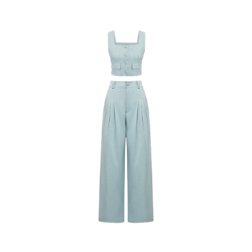 Lovito Women Casual Plain Button Pocket Pants Sets LNE35212 (Light Blue)