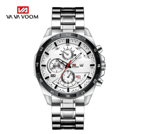 VA VA VOOM Fashion Mens Watch Top Brand Luxury Watch Waterproof Sport Quartz Clock Stainless Steel SILVER