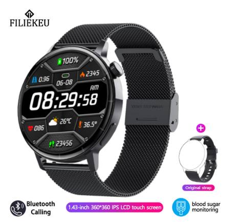 FILIEKEU smart watch for me 24-hour heart rate blood sugar watches bluetooth call waterproof sports fitness smartwatch for woman BLACK MESH