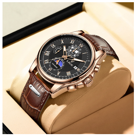 LIGE New Watch Men's Fashion Leather Waterproof Full Calendar Chronograph Watches Military Sports Quartz WristWatch ROSE BLACK