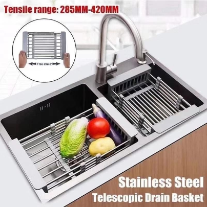 Retractable Sink Water Filter Rack Drain Basket Stainless Steel Kitchen Sink Dish Drainer Counter