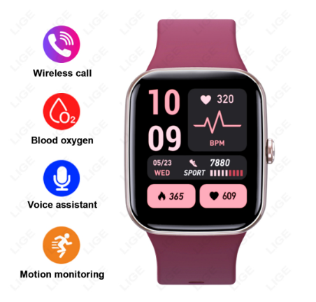LIGE Original HD Full Touch Screen Bt Call Smart Watch Fitness Tracker Heart Rate 100+ Sports Waterproof Men's WristWatch WINK RED