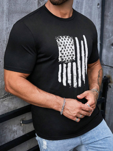 Manfinity Homme Men T-Shirts Fit Crew Neck Short Sleeve Graphic Tee American Flag Casual Summer