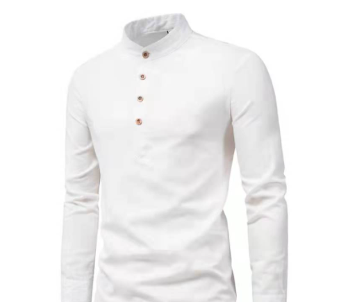 Men‘s Autumn Cotton Linen Long Sleeve Polo Stand Collar Polo Shirt