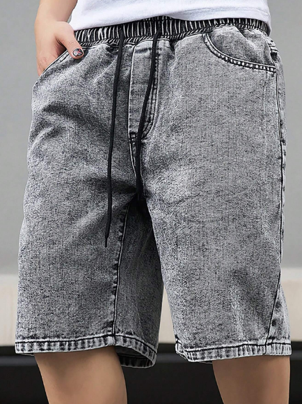 Manfinity Homme Men Loose Fit Casual Denim Bermuda Shorts With Pockets Baggy Jorts Plain Light Grey Office Basic Friends