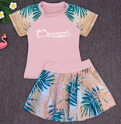 Children's Swimsuit Girls Middle Big Children Students 9-14 Years Old Plus Size Split Short Sleeve Conservative Sports