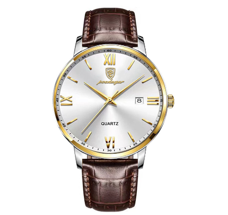 POEDAGAR genuine leather watch for men waterproof 2023 original branded ultrathin calendar luminous casual quartz watch GOLD WHITE