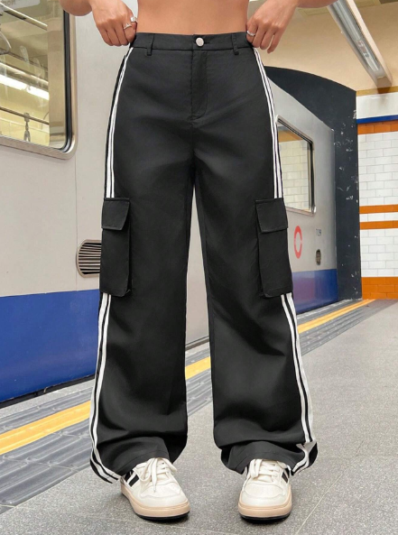 SHEIN Teen Girl Cargo Pants With Contrast Webbing And Distressed Wash, Casual Sports Trousers