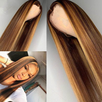 Women's Fashion Brown Highlight Ombre Lace Front Human Hair Wigs Long Brazilian Hair Wigs