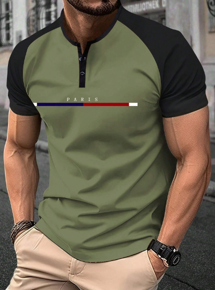 Summer New Men Short Sleeve T-Shirt, Contrast Color Striped Henley Shirt With Retro American Letter Print, Regular Fit Plus Size Casual Outdoor Camping Sports Tee