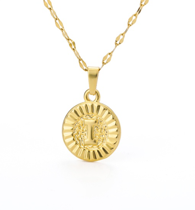 Maxzone A-Z Initial Round Letter Pendant Necklace For Women Stainless Steel Gold Choker Coin Letter Necklace I