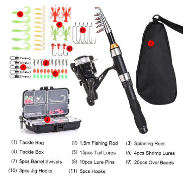 Fishing Rod Reel Combo Full Kit 1.5m Telescopic Fishing Rod Spinning Reel Set with Hooks Soft Lures Barrel Swivels Storage Bag