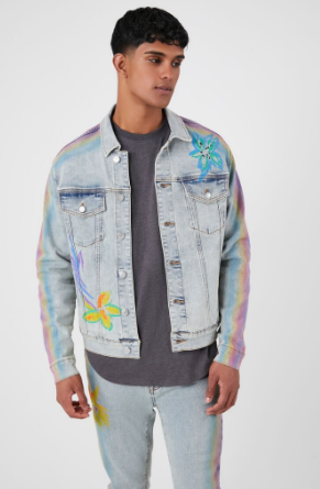 Forever 21 Men's Flower Denim Trucker Jacket