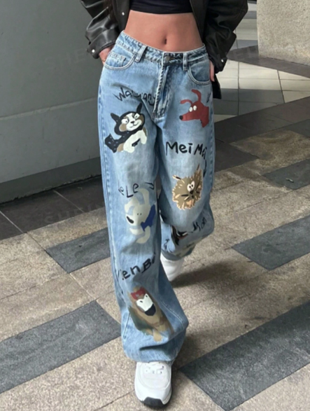 Y2K Street Washed Letter Cartoon Print Slant Pocket Wide Leg Jeans Preppy Comfort Denim Pants
