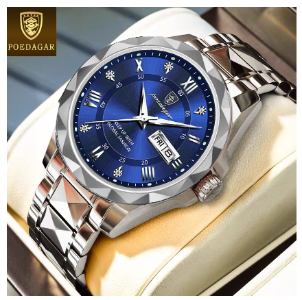 POEDAGAR business watch for men water proof original fashion luxury tungsten steel calendar luminous display prismatic diamond dial Watch SILVER BLUE