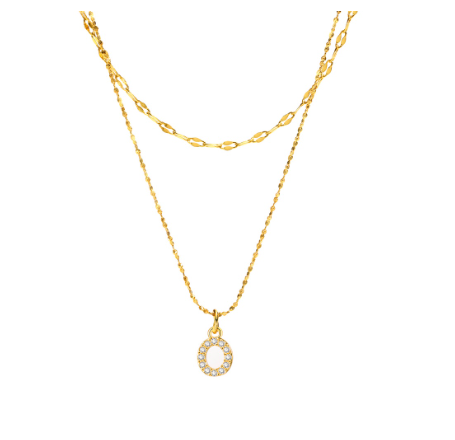 Vnox Double Layered Letter Initial Pendant Necklace,Gold Plated Shiny Zircon Alphabet Charm Necklace for Women O