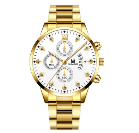 Men's Watch Men's Three Eyes Business Quartz Analog Stainless Steel Watch GOLD WHITE