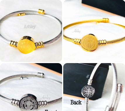 St. Benedict Bangles Stainless Steel For Men Women Adult White Gold Silver Two Tone Bangle