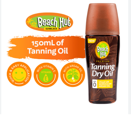 Beach Hut Sunblock Tanning Dry Oil SPF 0 150ml Clear Spray Body Sunscreen with Moroccan Argan Oil