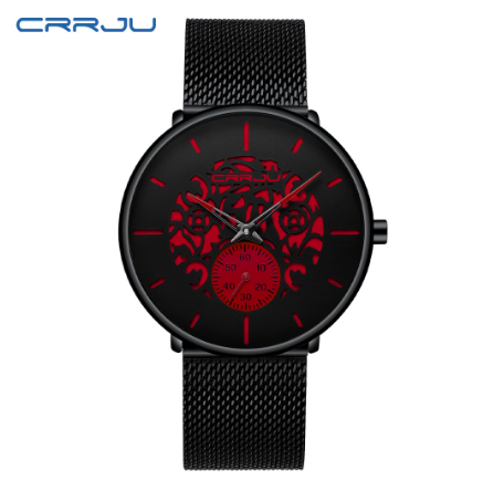CRRJU Fashion Mens Watches Top Brand Luxury Quartz Watch Men Casual Slim Mesh Steel Waterproof Sport Watch 2150X BLACK RED